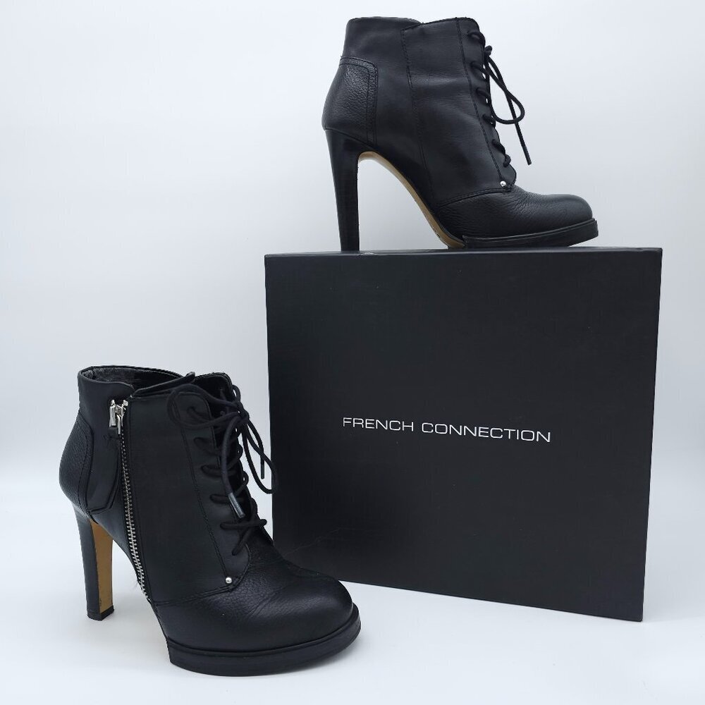 French Connection Black Leather Lace-Up Booties – 6.5
